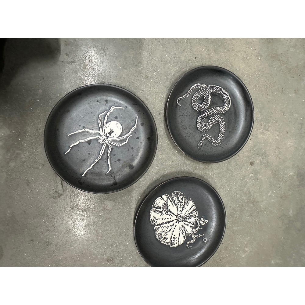 Threshold Halloween Stoneware Appetizer Plate Set Spider Snake Pumpkin 3pc Black